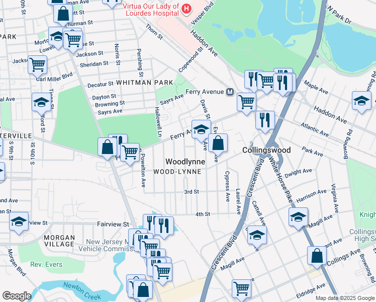 map of restaurants, bars, coffee shops, grocery stores, and more near 149 Cooper Avenue in Oaklyn