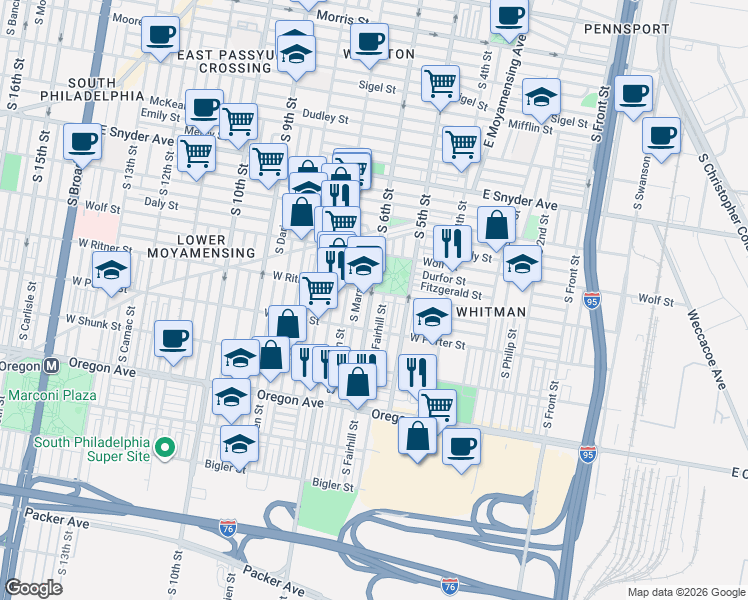 map of restaurants, bars, coffee shops, grocery stores, and more near 2409 South 6th Street in Philadelphia
