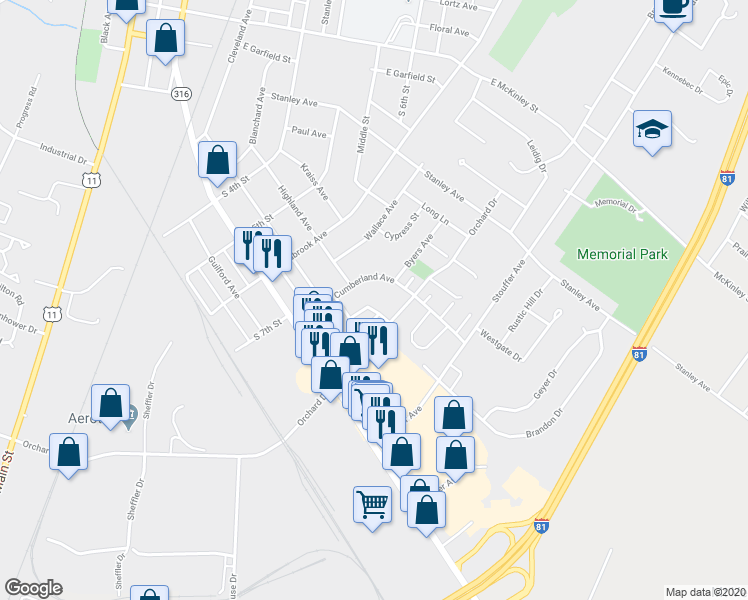 map of restaurants, bars, coffee shops, grocery stores, and more near 33 William Penn Drive in Chambersburg