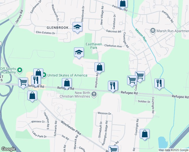 map of restaurants, bars, coffee shops, grocery stores, and more near 3491 Westpoint Drive in Columbus