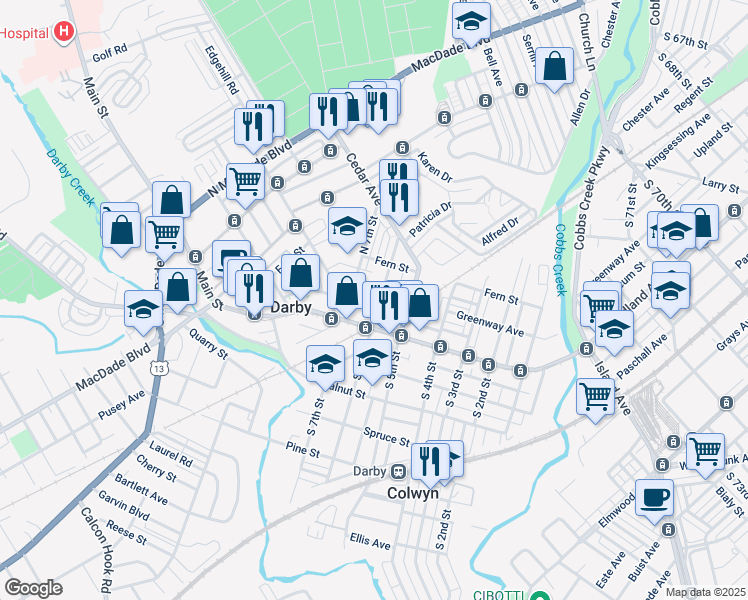 map of restaurants, bars, coffee shops, grocery stores, and more near 18 North 6th Street in Darby