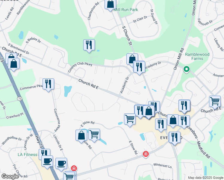 map of restaurants, bars, coffee shops, grocery stores, and more near 4438 Church Road East in Mount Laurel Township