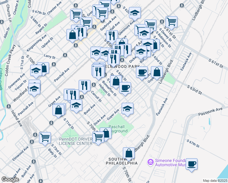 map of restaurants, bars, coffee shops, grocery stores, and more near 2645 Bonnaffon Street in Philadelphia
