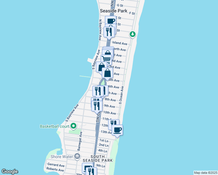 map of restaurants, bars, coffee shops, grocery stores, and more near 19 7th Avenue in Seaside Park