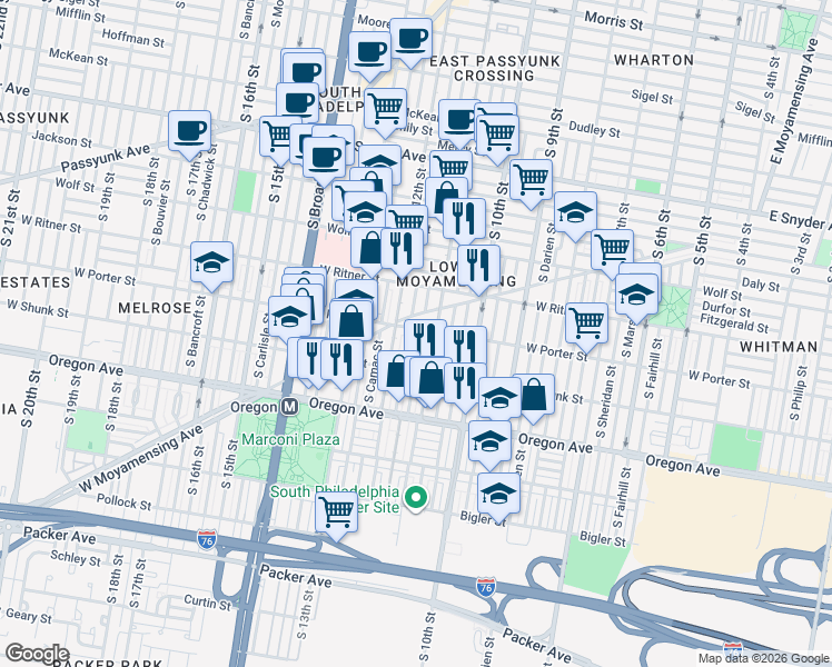 map of restaurants, bars, coffee shops, grocery stores, and more near 2539 South Sartain Street in Philadelphia