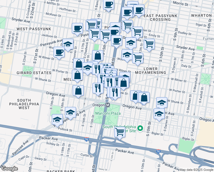 map of restaurants, bars, coffee shops, grocery stores, and more near in Philadelphia