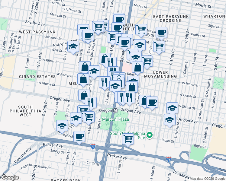 map of restaurants, bars, coffee shops, grocery stores, and more near in Philadelphia