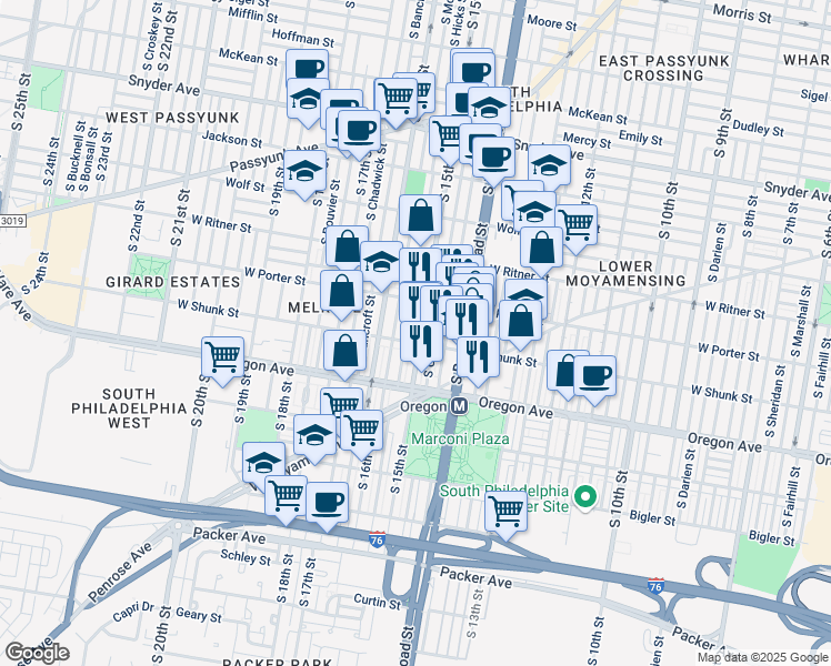 map of restaurants, bars, coffee shops, grocery stores, and more near 2612 South Carlisle Street in Philadelphia