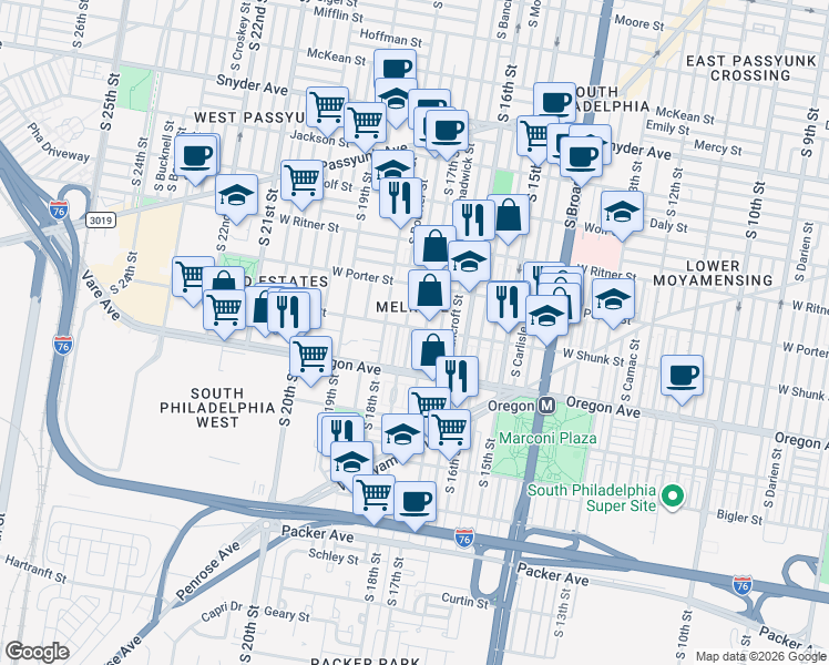 map of restaurants, bars, coffee shops, grocery stores, and more near 2641 South Bouvier Street in Philadelphia