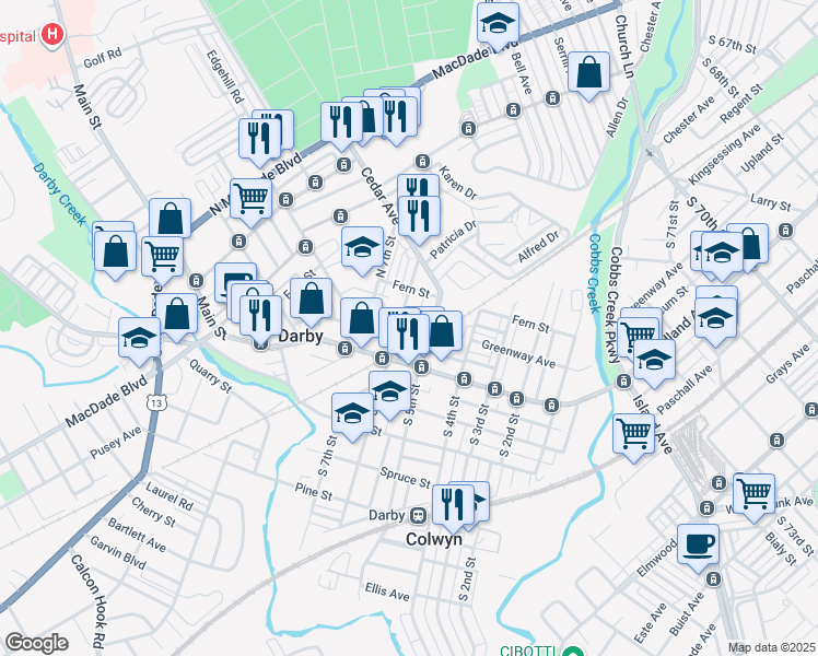 map of restaurants, bars, coffee shops, grocery stores, and more near 599 Main Street in Darby