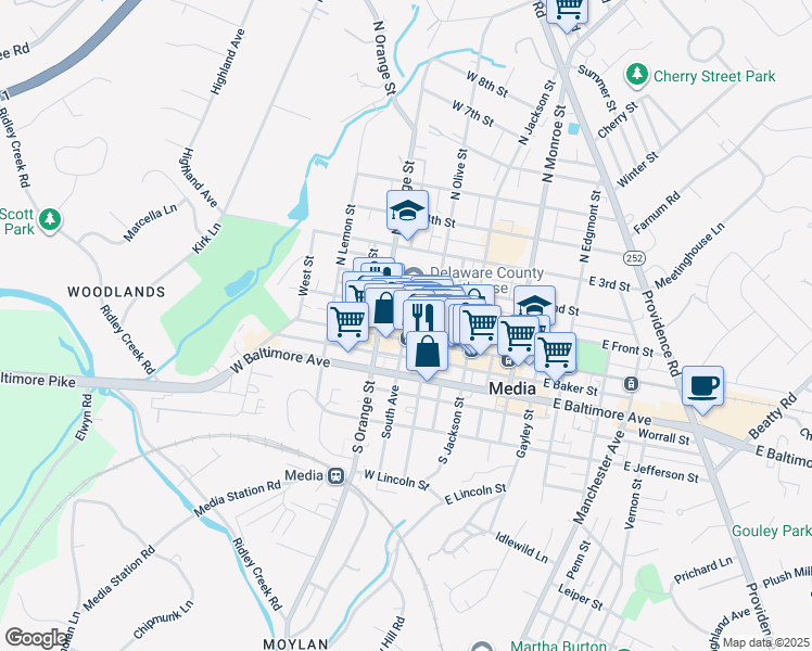 map of restaurants, bars, coffee shops, grocery stores, and more near 34 West State Street in Media