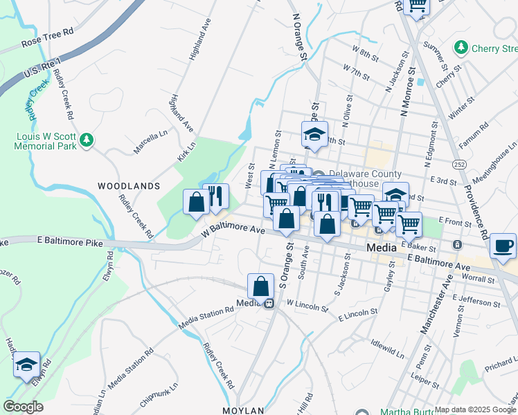 map of restaurants, bars, coffee shops, grocery stores, and more near 415 West Baltimore Avenue in Media