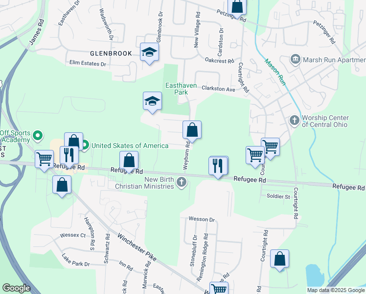 map of restaurants, bars, coffee shops, grocery stores, and more near 3491 Westpoint Drive in Columbus