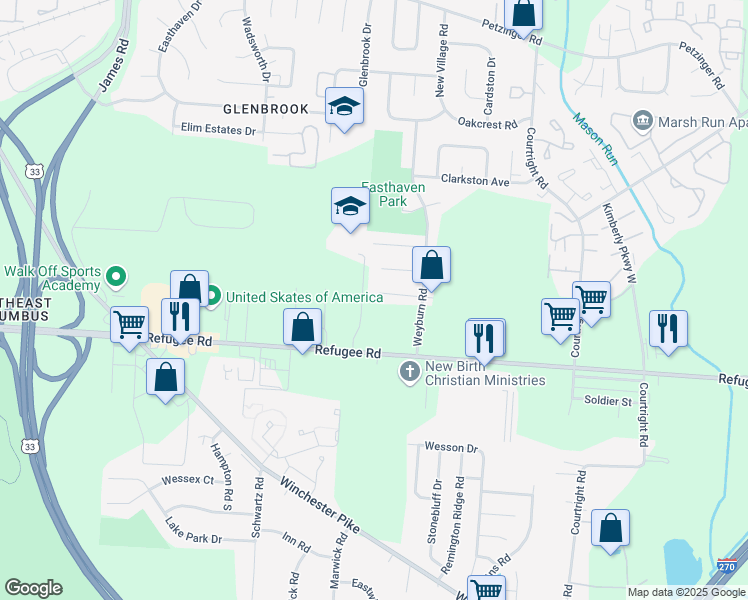map of restaurants, bars, coffee shops, grocery stores, and more near 2677 Weyburn Road in Columbus