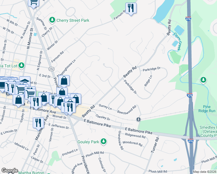 map of restaurants, bars, coffee shops, grocery stores, and more near 900 Twyckenham Road in Media
