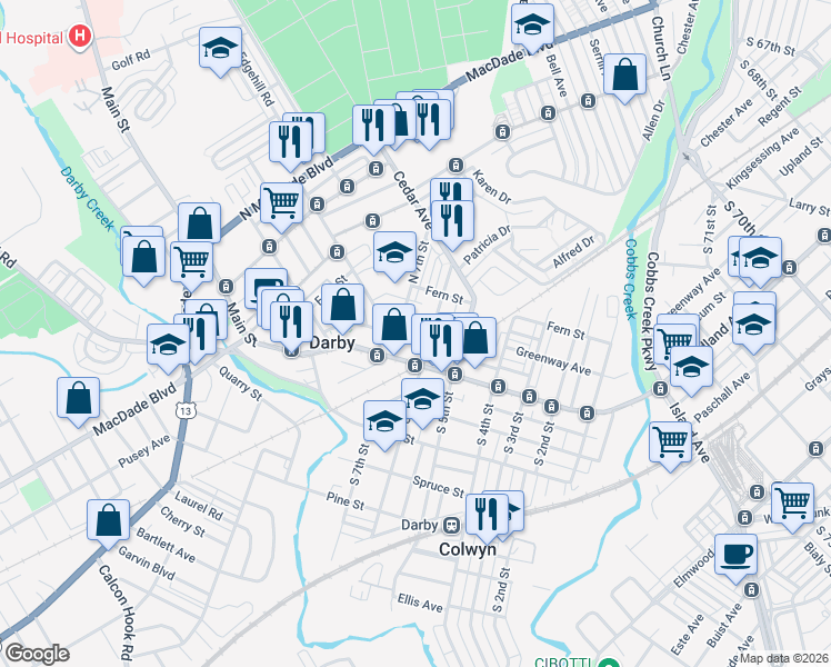 map of restaurants, bars, coffee shops, grocery stores, and more near 640 Main Street in Darby
