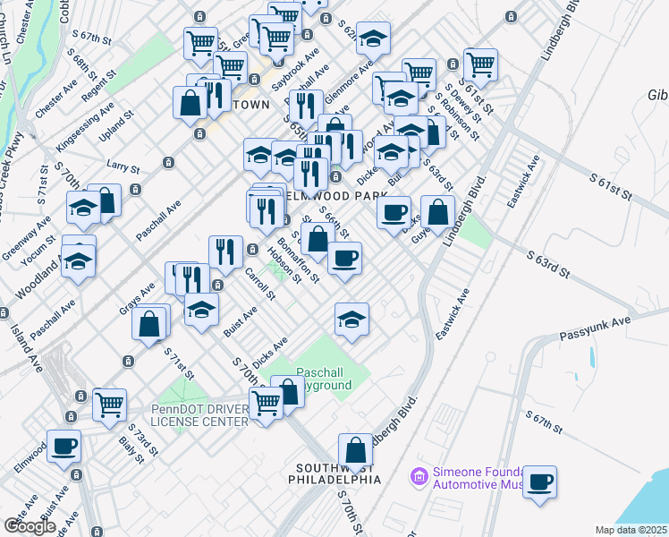 map of restaurants, bars, coffee shops, grocery stores, and more near 2645 Bonnaffon Street in Philadelphia