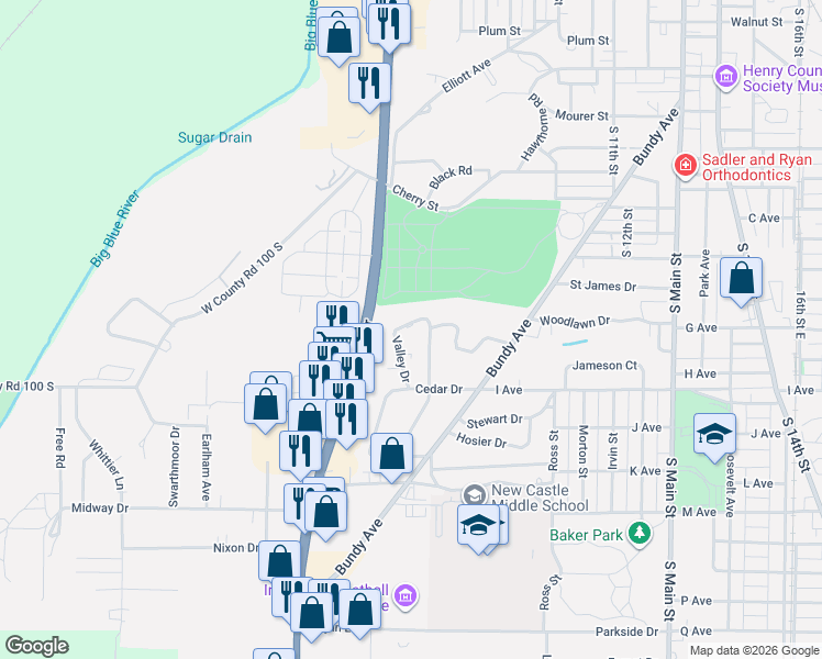 map of restaurants, bars, coffee shops, grocery stores, and more near 1522-1528 Valley Drive in New Castle