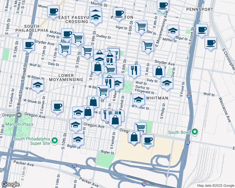 map of restaurants, bars, coffee shops, grocery stores, and more near 2400 South 6th Street in Philadelphia