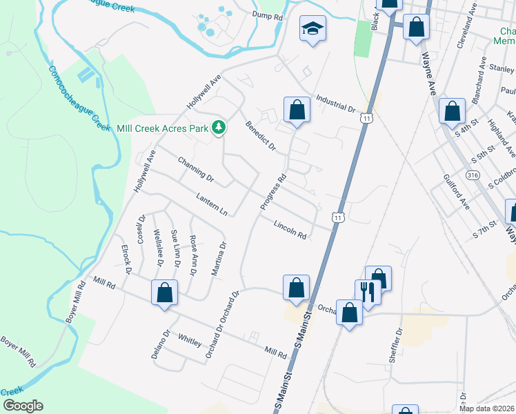map of restaurants, bars, coffee shops, grocery stores, and more near 180 Lincoln Road in Chambersburg