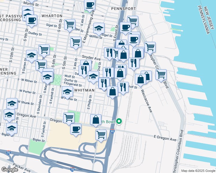 map of restaurants, bars, coffee shops, grocery stores, and more near 2315 South Front Street in Philadelphia