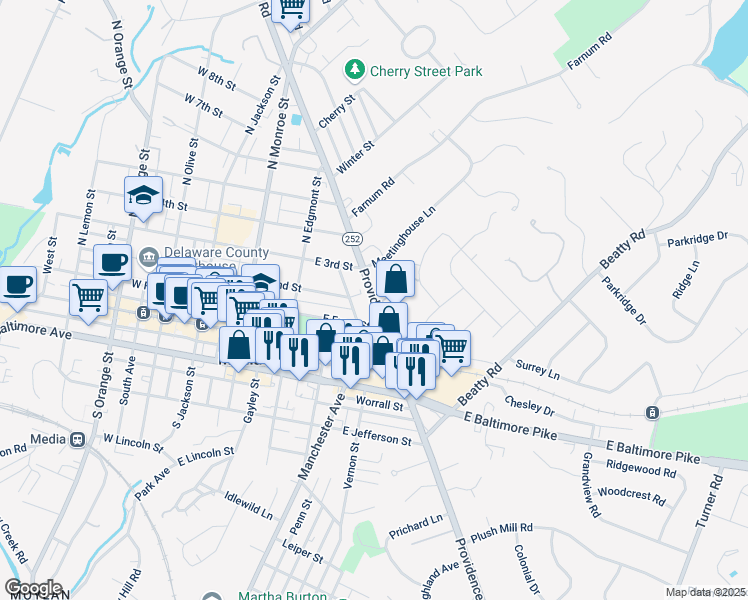 map of restaurants, bars, coffee shops, grocery stores, and more near 100 Providence Road in Media