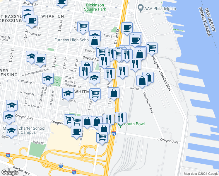 map of restaurants, bars, coffee shops, grocery stores, and more near 2315 South Front Street in Philadelphia