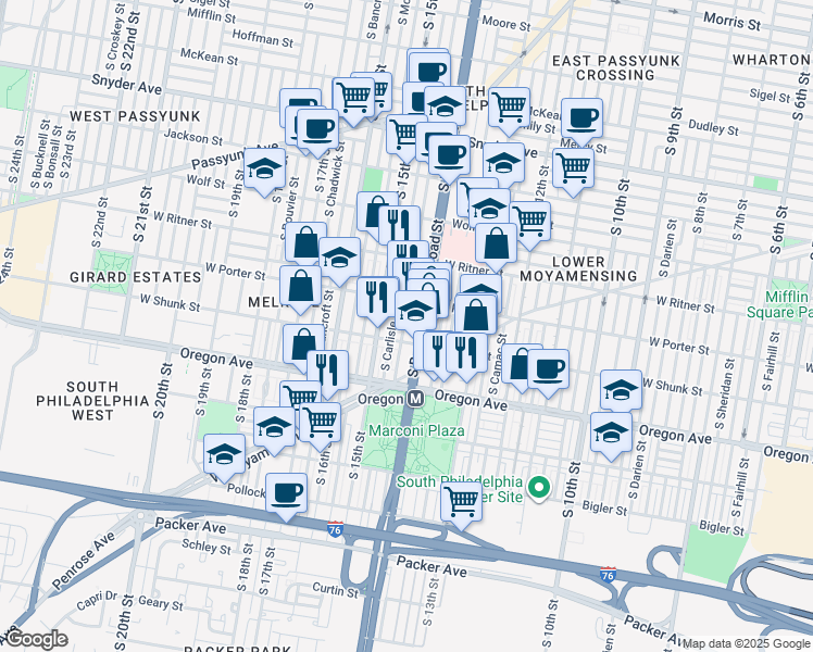 map of restaurants, bars, coffee shops, grocery stores, and more near in Philadelphia