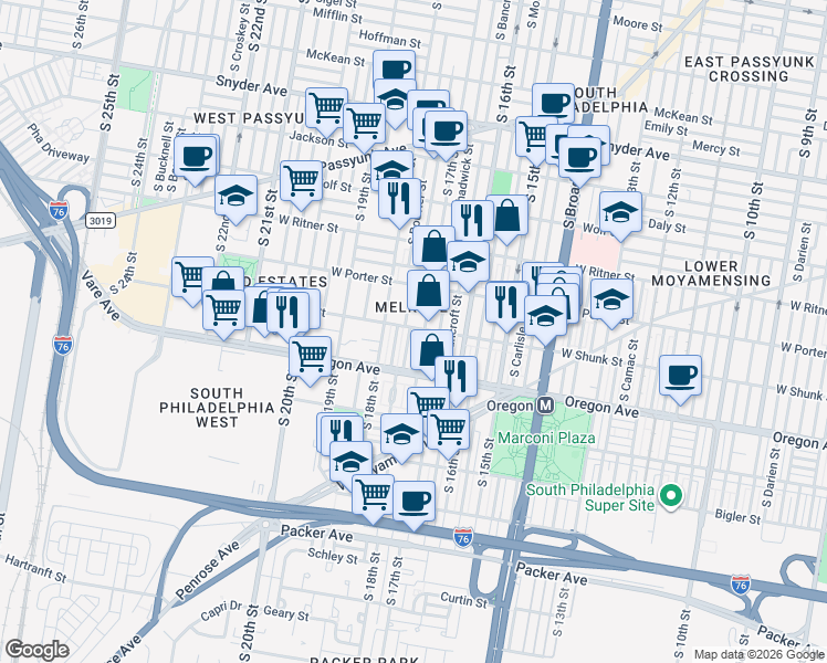 map of restaurants, bars, coffee shops, grocery stores, and more near 2641 South Bouvier Street in Philadelphia