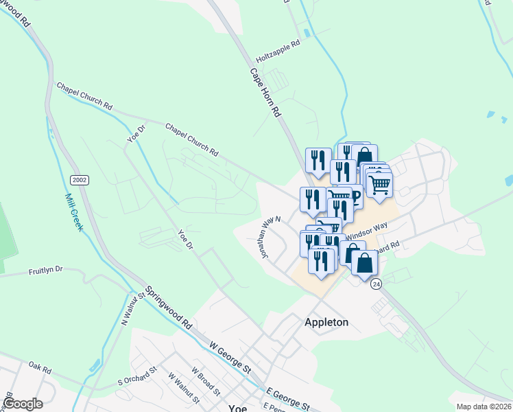map of restaurants, bars, coffee shops, grocery stores, and more near 152 Jonathan Way North in Red Lion