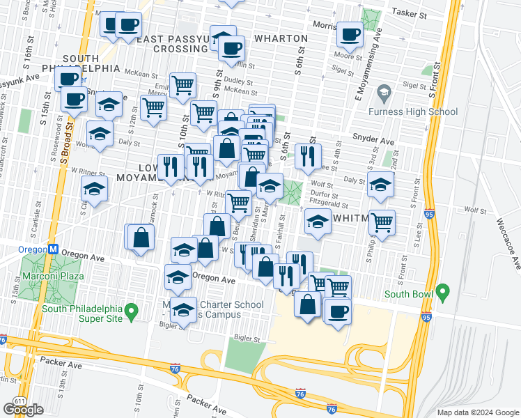 map of restaurants, bars, coffee shops, grocery stores, and more near 2413 South Sheridan Street in Philadelphia