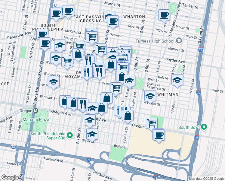 map of restaurants, bars, coffee shops, grocery stores, and more near 2424 South Franklin Street in Philadelphia