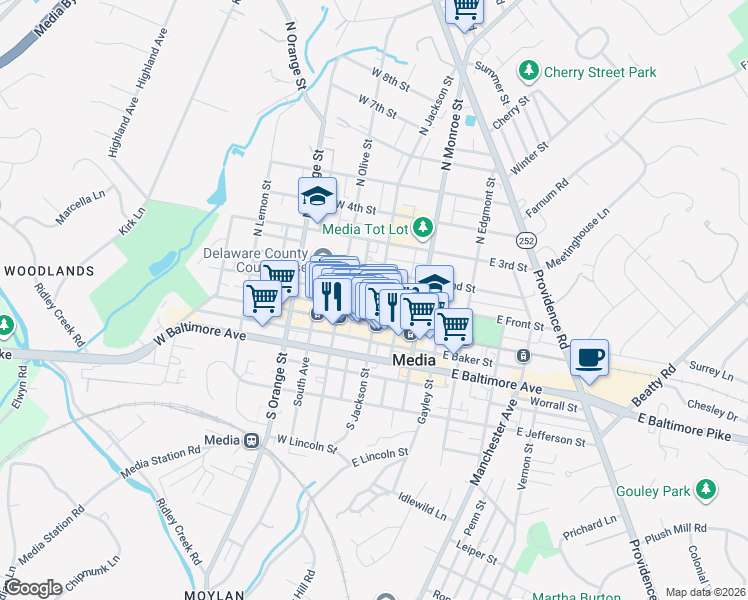 map of restaurants, bars, coffee shops, grocery stores, and more near 22 West State Street in Media