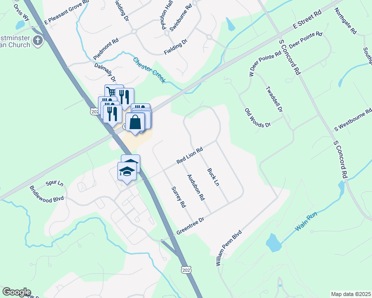map of restaurants, bars, coffee shops, grocery stores, and more near 215 Red Lion Road in West Chester