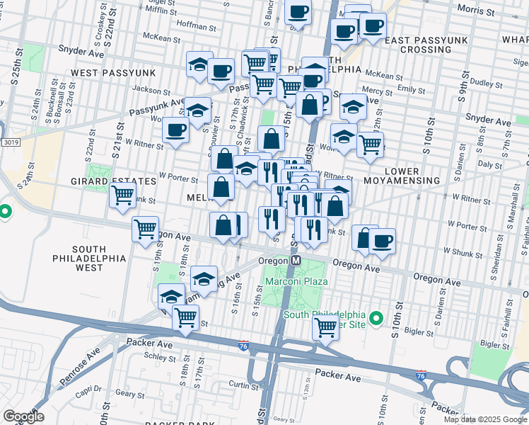 map of restaurants, bars, coffee shops, grocery stores, and more near 2541 South Hicks Street in Philadelphia