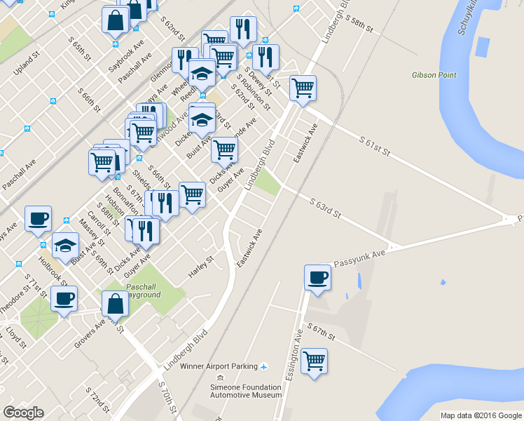 map of restaurants, bars, coffee shops, grocery stores, and more near 2843 South Simpson Street in Philadelphia