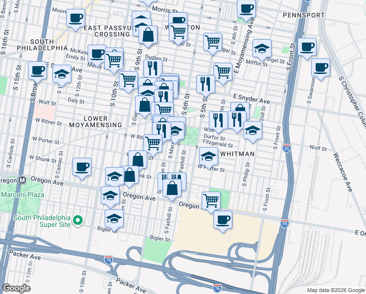 map of restaurants, bars, coffee shops, grocery stores, and more near in Philadelphia