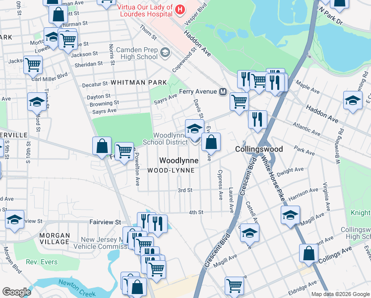 map of restaurants, bars, coffee shops, grocery stores, and more near 135 Linden Avenue in Oaklyn