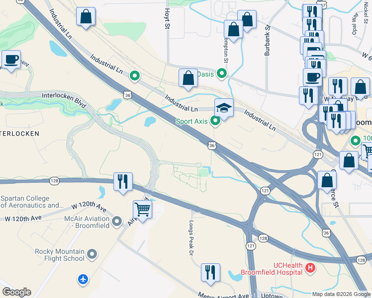 map of restaurants, bars, coffee shops, grocery stores, and more near 115 Edgeview Drive in Broomfield