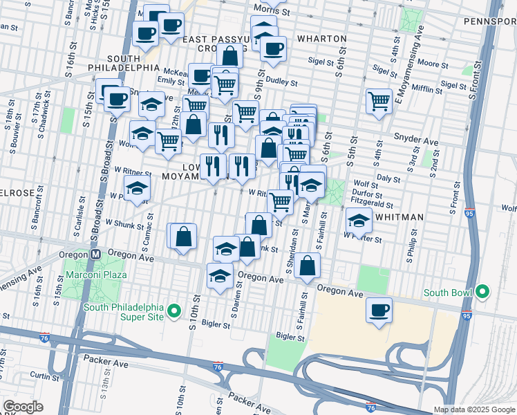 map of restaurants, bars, coffee shops, grocery stores, and more near 2429 South Mildred Street in Philadelphia
