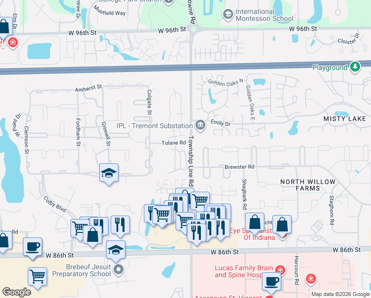 map of restaurants, bars, coffee shops, grocery stores, and more near 9109 Cinnebar Drive in Indianapolis