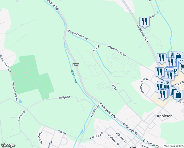 map of restaurants, bars, coffee shops, grocery stores, and more near 50 Yoe Drive in Red Lion