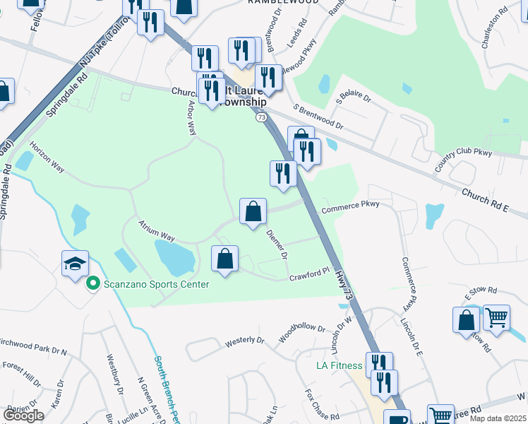 map of restaurants, bars, coffee shops, grocery stores, and more near Atrium Way & Diemer Drive in Mount Laurel