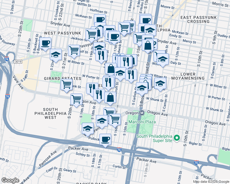map of restaurants, bars, coffee shops, grocery stores, and more near 2550 South Bancroft Street in Philadelphia