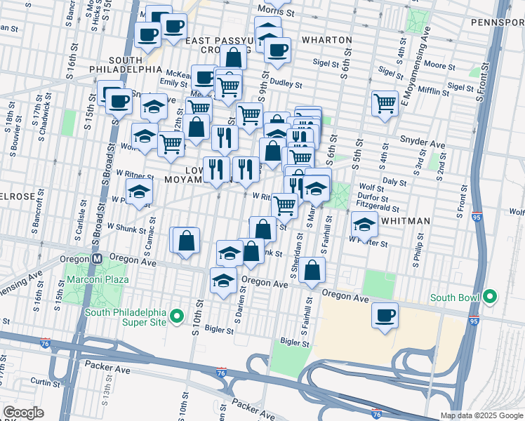 map of restaurants, bars, coffee shops, grocery stores, and more near 2429 South Mildred Street in Philadelphia