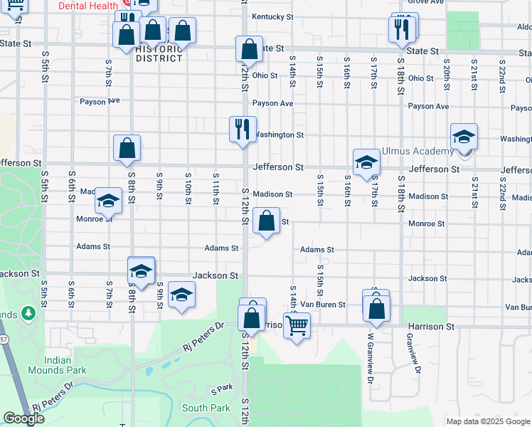 map of restaurants, bars, coffee shops, grocery stores, and more near 1200-1390 Madison Street in Quincy