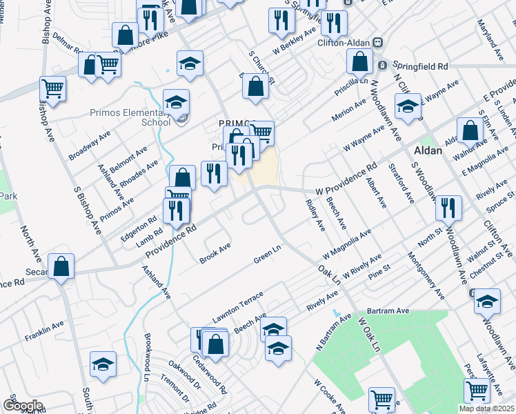 map of restaurants, bars, coffee shops, grocery stores, and more near 606 South Oak Avenue in Delaware County