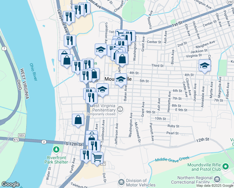 map of restaurants, bars, coffee shops, grocery stores, and more near 609 Jefferson Avenue in Moundsville