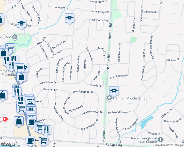 map of restaurants, bars, coffee shops, grocery stores, and more near 12678 Oakmere Drive in Pickerington