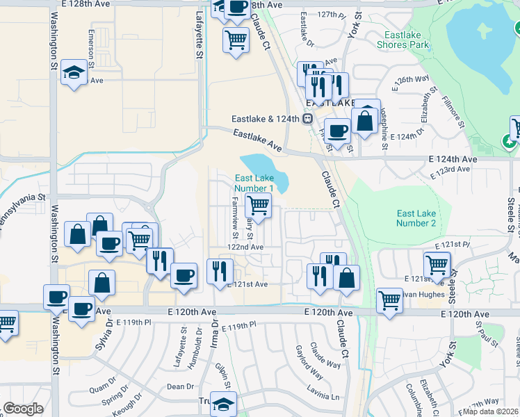 map of restaurants, bars, coffee shops, grocery stores, and more near 12265 Race St in Northglenn